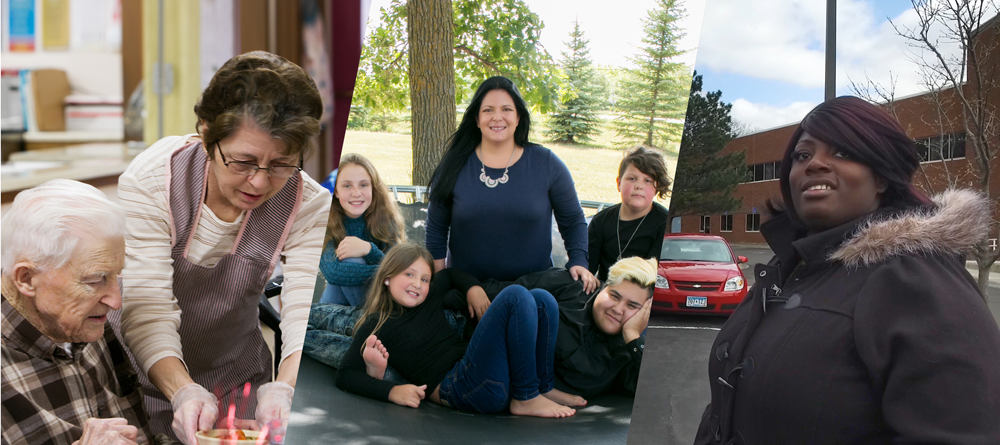 Banner image containing three photos: A women serving food to an older man, a family on a trampoline and a woman outside.