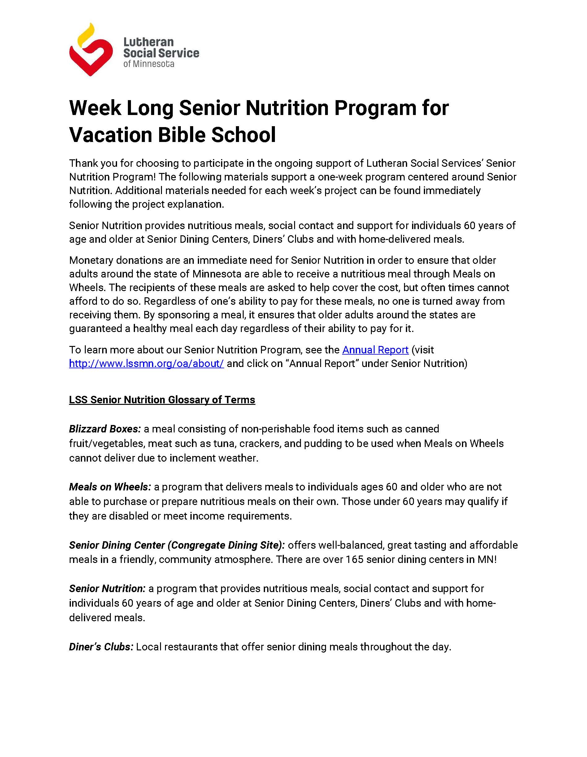 Senior Nutrition Program for Vacation Bible School